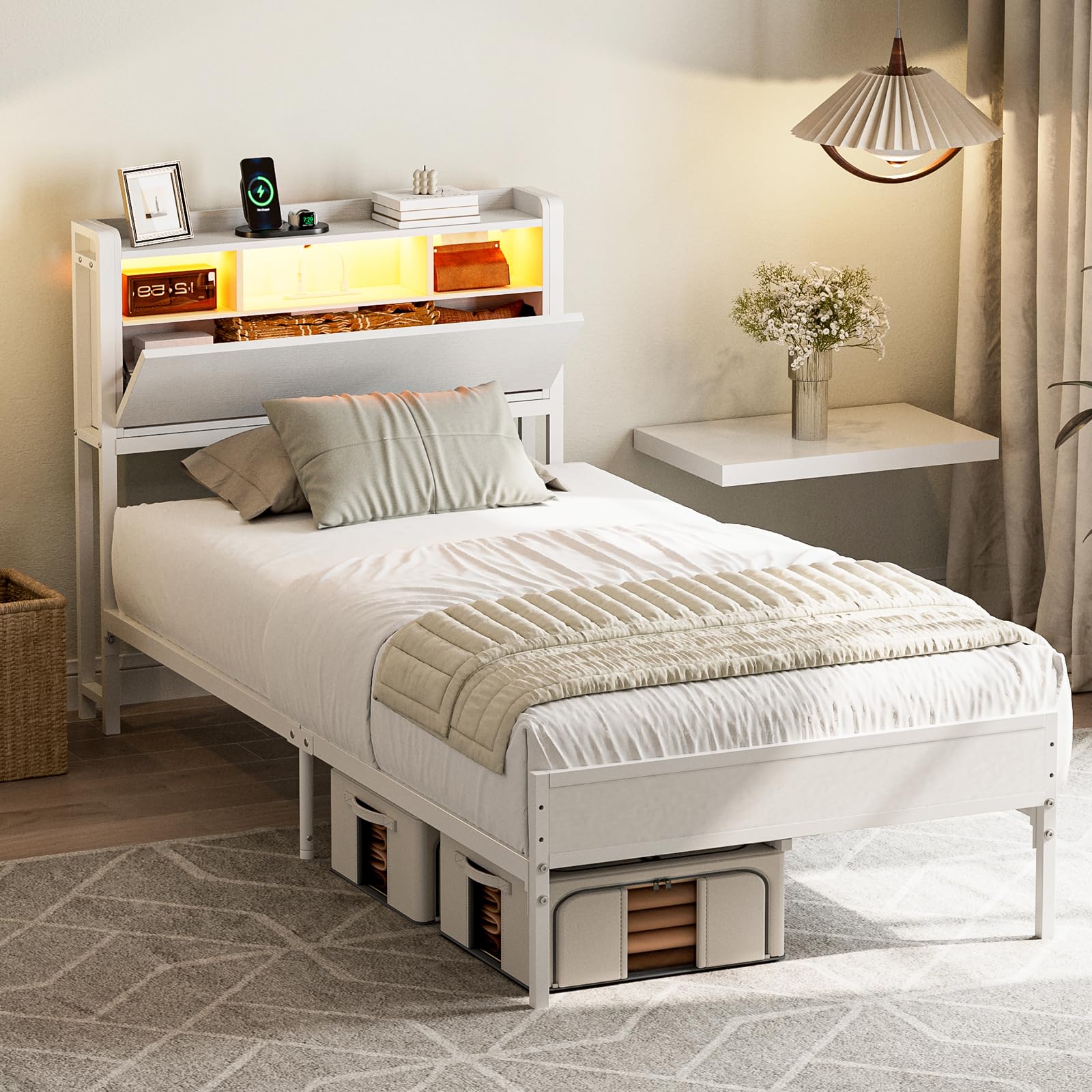 Amazon.co.jp: IKIFLY Bed Frame, Single, with Storage Headboard Amazon.co.jp: IKIFLY Bed Frame, Single, with Storage Headboard